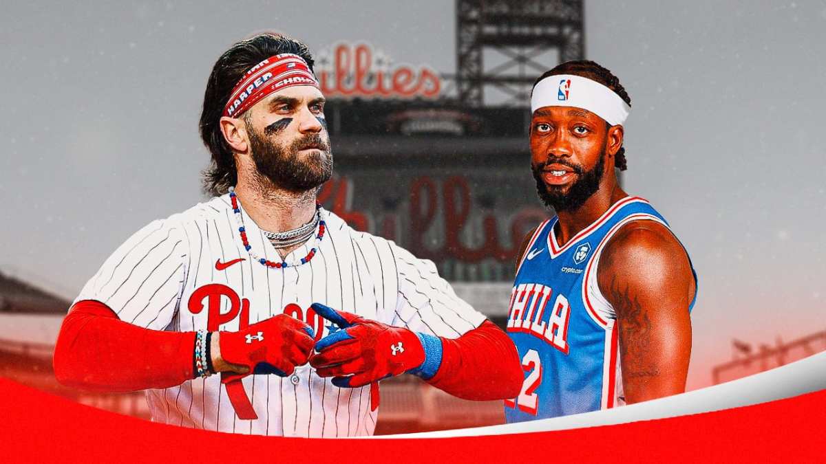 Philadelphia Phillies' Bryce Harper and Philadelphia 76ers Patrick Beverley in front of Citizens Bank Park.