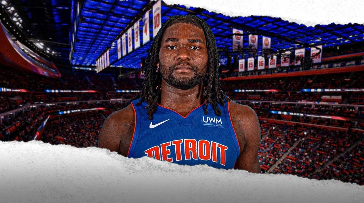 Isaiah Stewart with the Pistons arena in the background