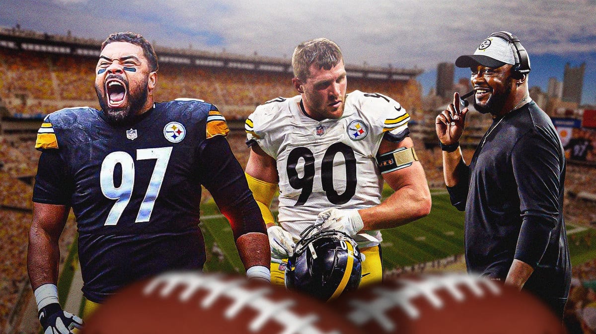 Steelers DT Cam Heyward looking at Mike Tomlin and TJ Watt.