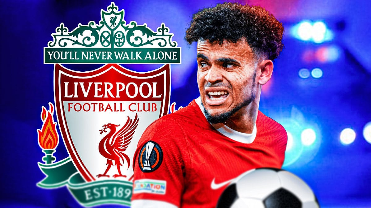 Luis Diaz looking down/sad in front of the Liverpool logo, police lights around him