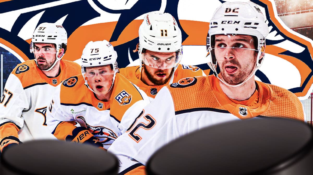 Image: Thomas Novak, Dante Fabbro, Juuso Parssinen and Samuel Fagemo in image, NSH Predators logo, hockey rink in background