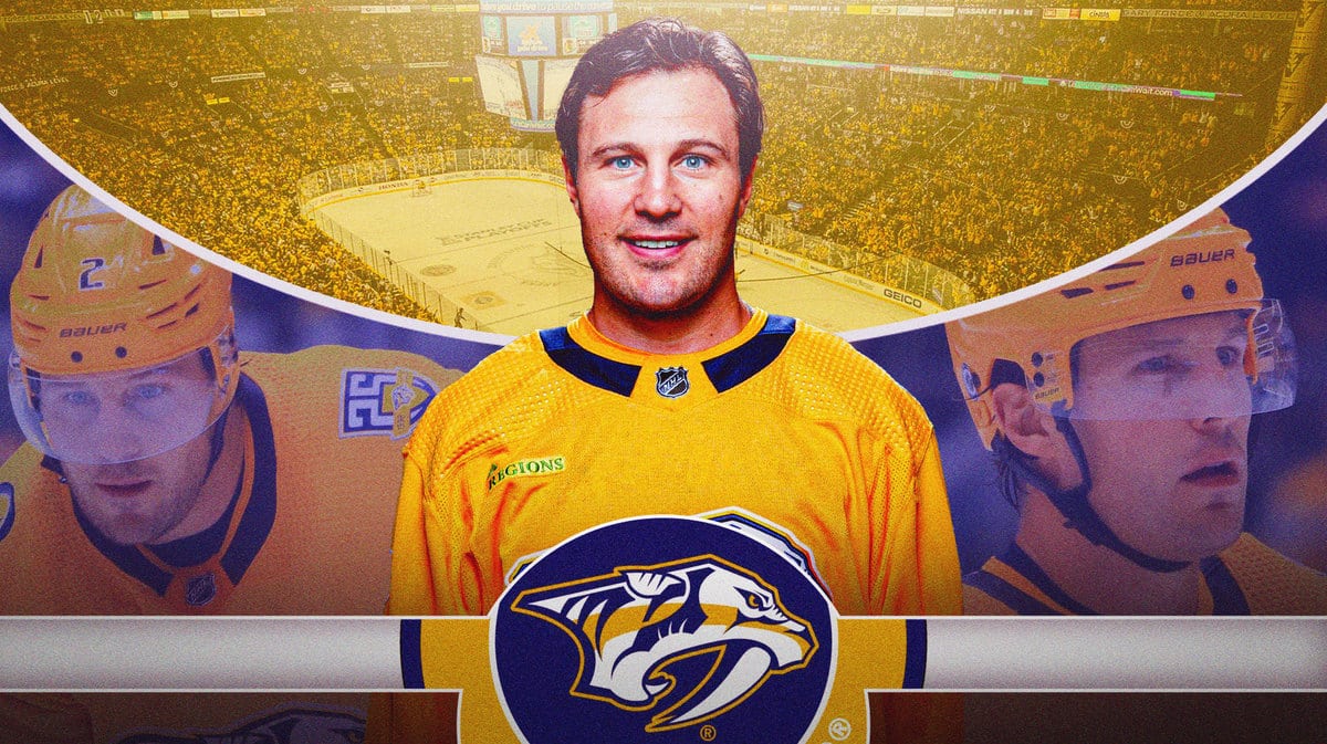 Nashville Predators defenseman Luke Schenn standing in front of the Nashville Predators' home rink, as well as other images of him.