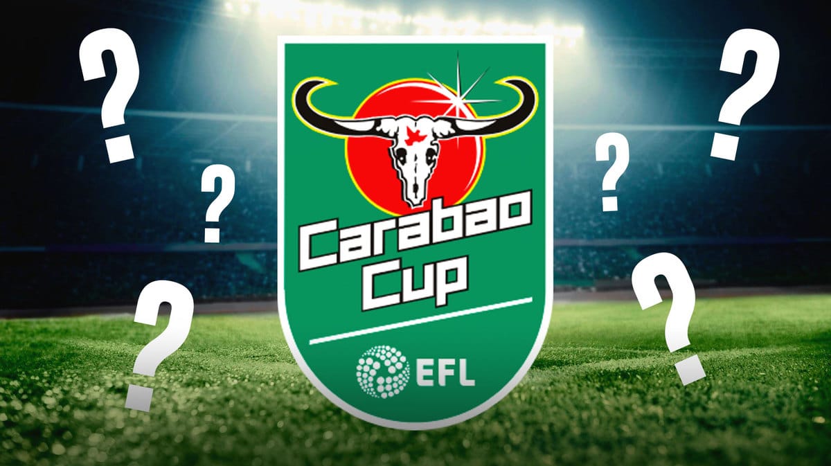 The Carabao Cup logo on the soccer field, questionmarks in the air