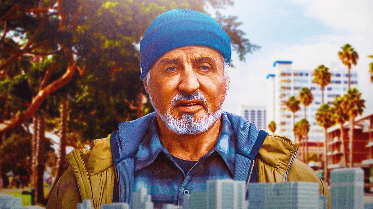 Sylvester Stallone in The Samaritan with a Los Angeles background.