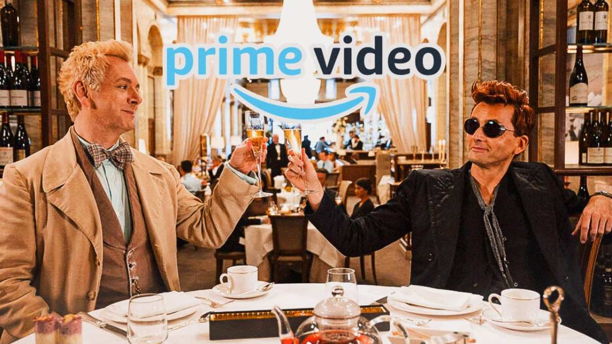 Good Omens cast inside a restaurant with the Amazon Prime logo.