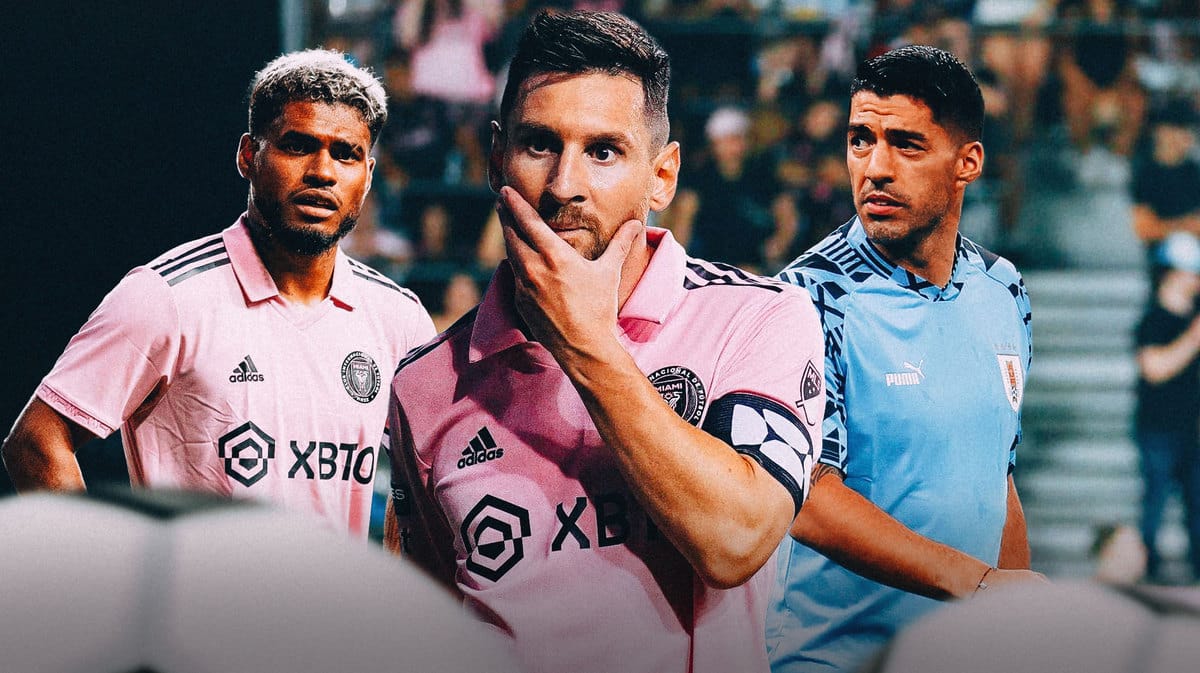 Lionel Messi in the middle, Josef Martinez and Luis Suarez on the sides, the Inter Miami logo behind them
