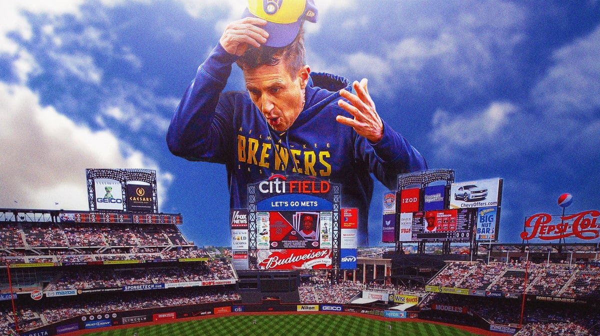 Craig Counsell as a large figure in Brewers coaching gear looking at Citi Field (Mets home stadium) below him