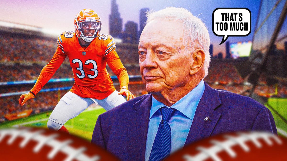 Cowboys owner Jerry Jones saying “That’s too much” have Jaylon Johnson in action in Bears jersey beside him