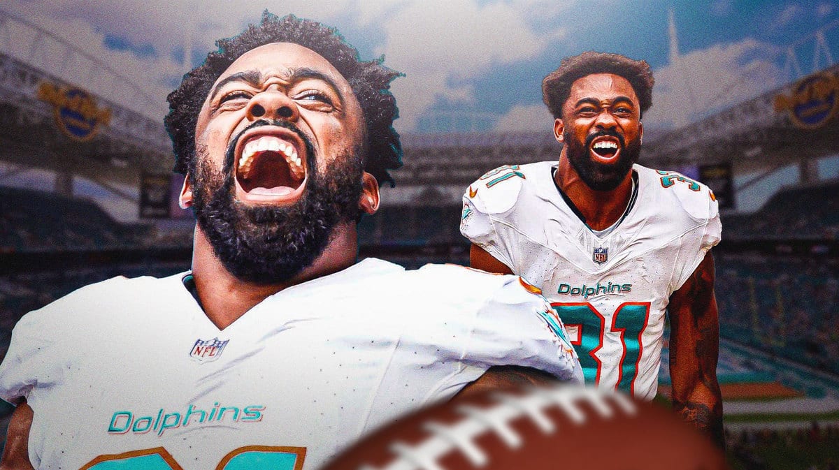 Miami Dolphins running back Raheem Mostert in front of Hard Rock Stadium.