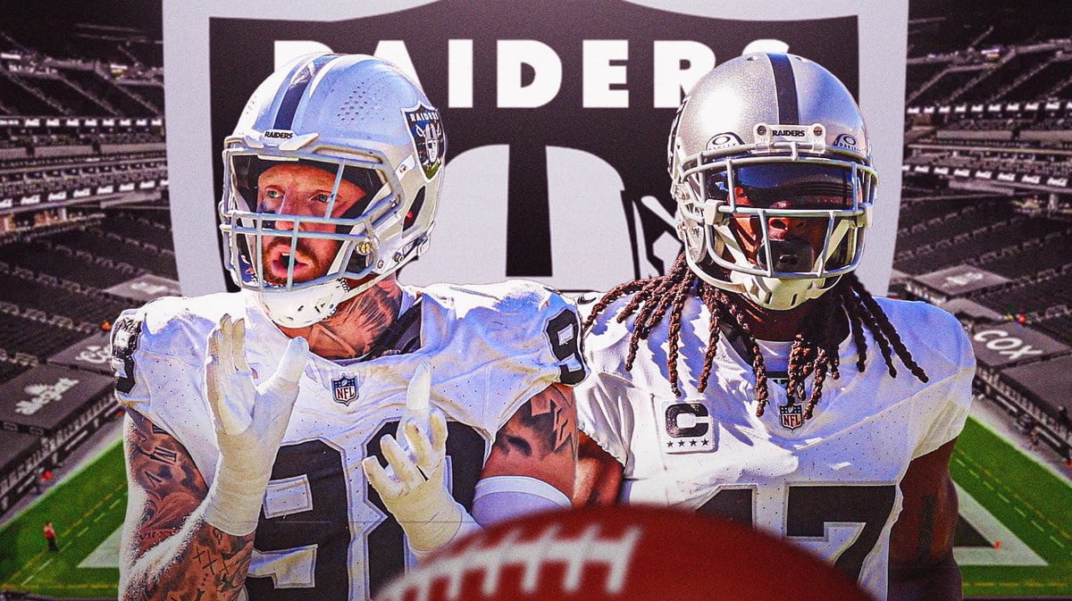 Davante Adams and Maxx Crosby in front of Raiders logo