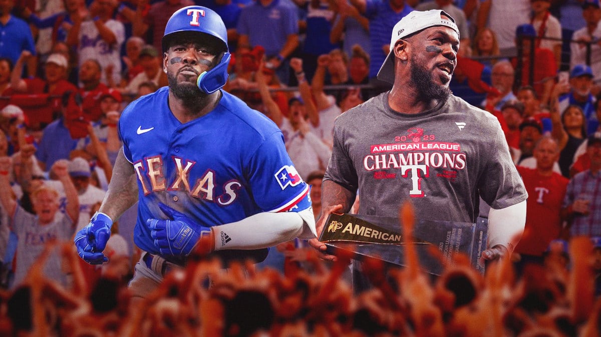 Rangers' Adolis Garcia hyped up on the left, with a pic of him holding the 2023 ALCS MVP on the right, with fans cheering him in Globe Life Field in the background