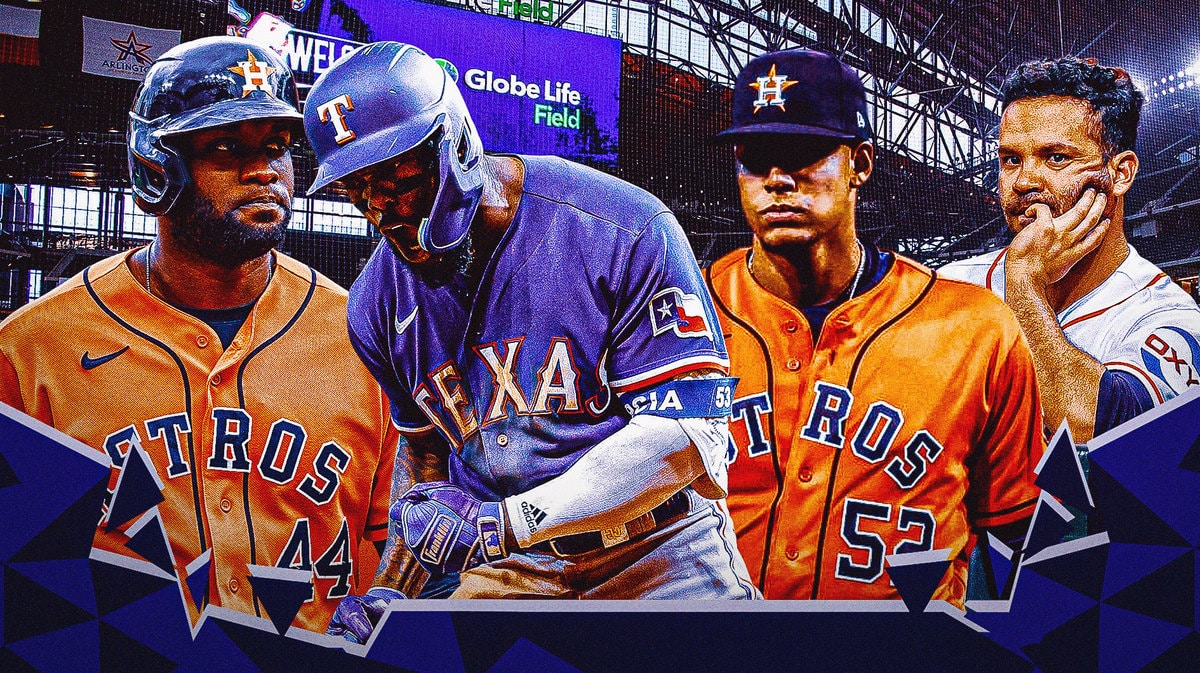 Rangers' Adolis Garcia hyped up, with Astros' Bryan Abreu, Jose Altuve, and Yordan Alvarez all looking dejected