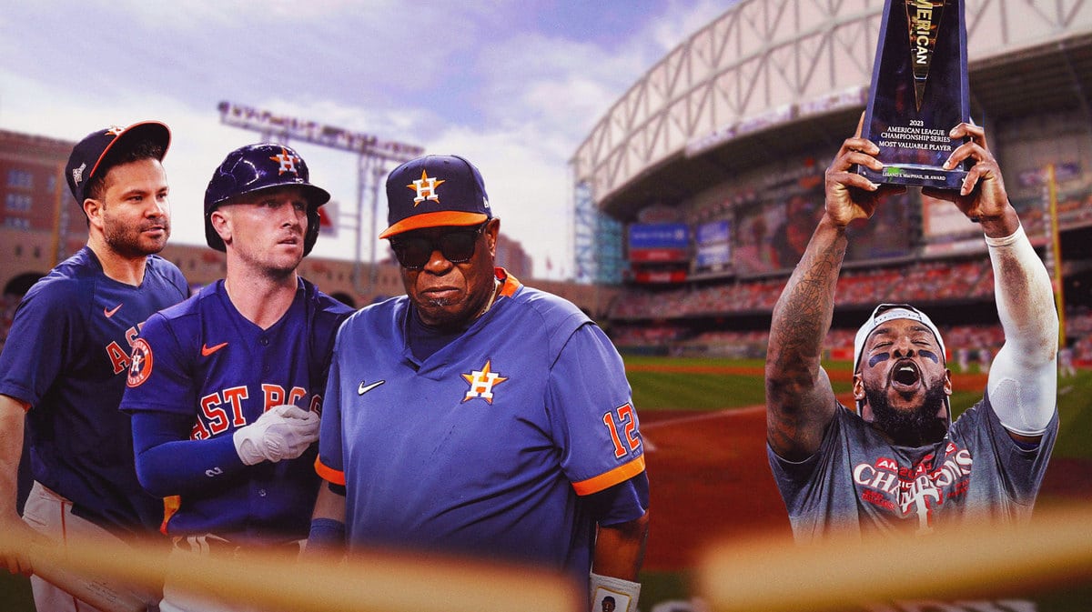 Astros' Dusty Baker, Jose Altuve, and Alex Bregman all disappointed, with Rangers' Adolis Garcia holding the 2023 ALCS MVP on the right