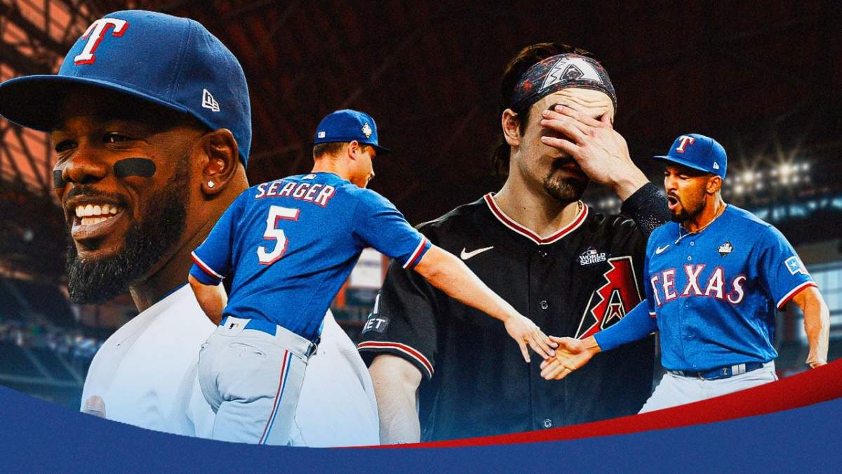 angers' Adolis Garcia happy in casual clothes, with Marcus Semien, Corey Seager celebrating, while Diamondbacks' Corbin Carroll is sad