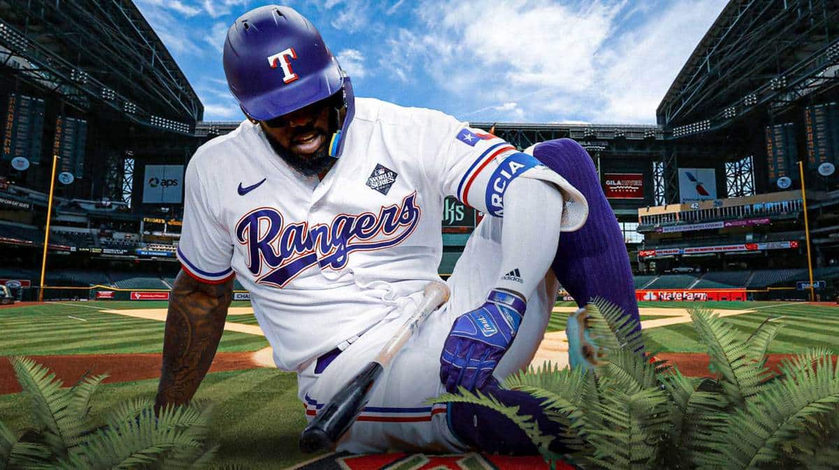 Rangers' Adolis Garcia in pain with Chase Field in background