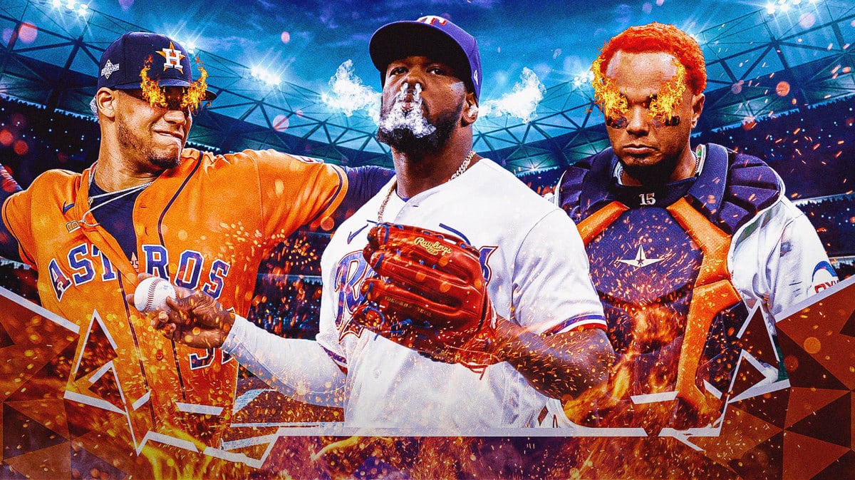Adolis Garcia with smoke coming out his nose and ears. Bryan Abreu and Martin Maldonado with fire in their eyes