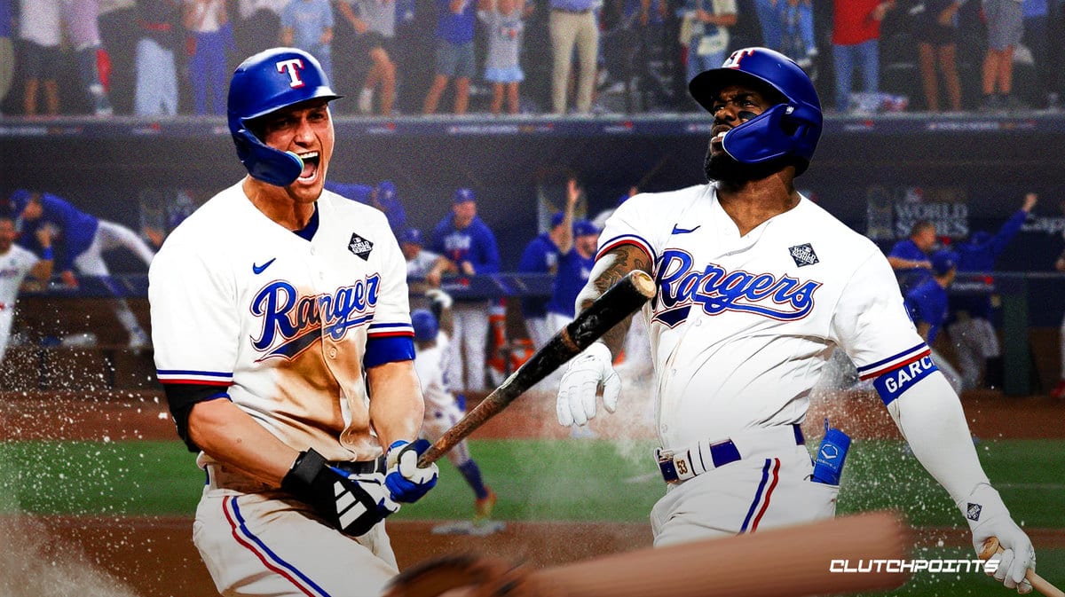 Texas Rangers stars Corey Seager and Adolis Garcia at Globe Life Field wearing World Series patches