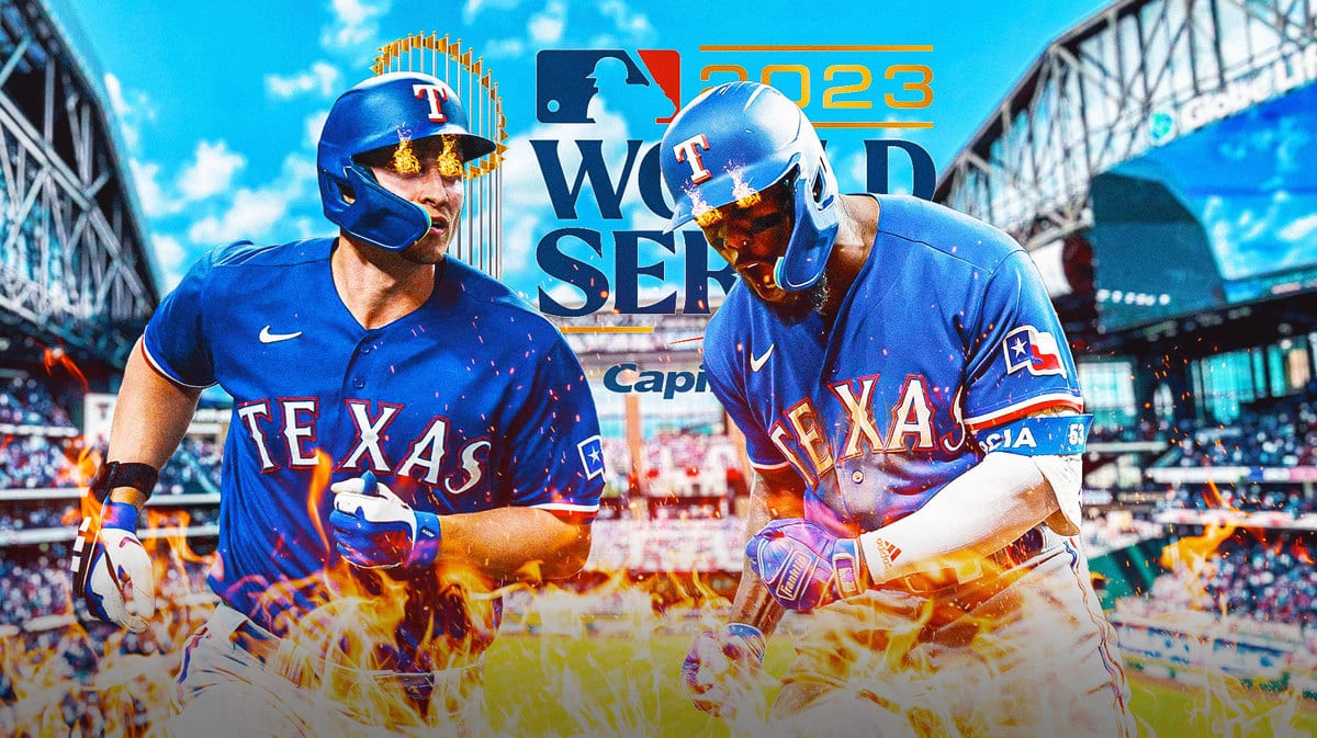 Corey Seager and Adolis Garcia with fire in their eyes. World Series logo in the background