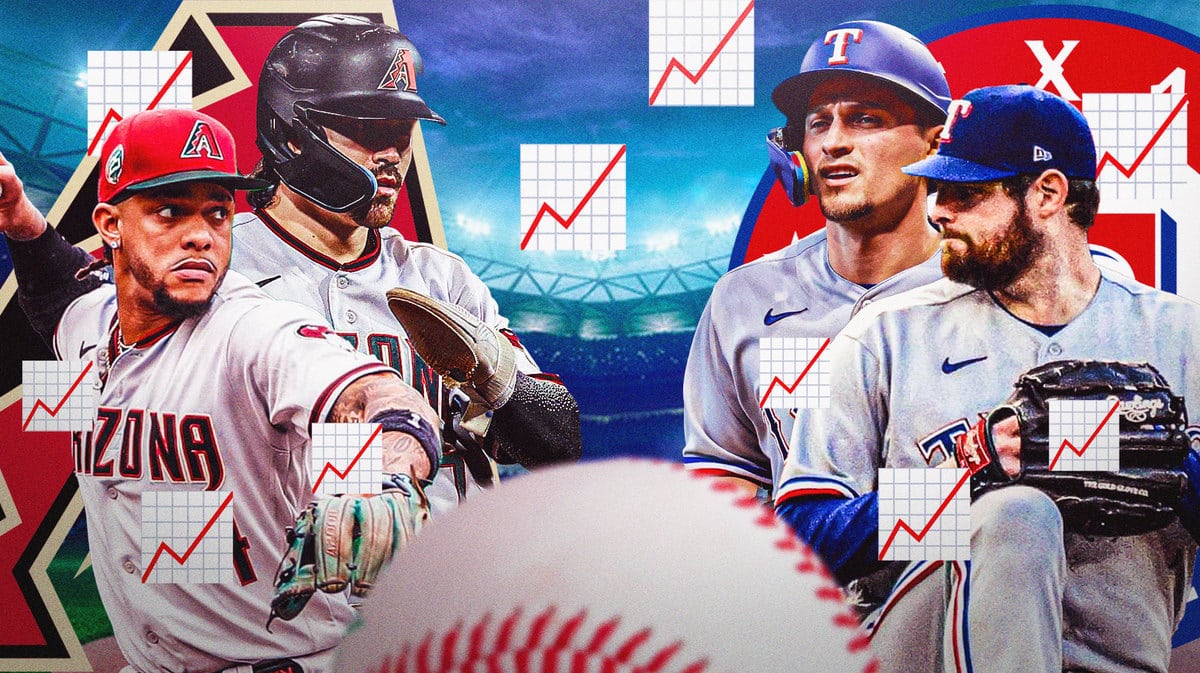 Corey Seager and Jordan Montgomery on one side in Texas Rangers jerseys Corbin Carroll and Ketel Marte in Arizona Diamondbacks jerseys on the other side