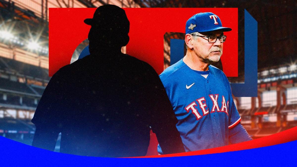 Silhouette of Texas Rangers pitcher Nathan Eovaldi and Rangers manager Bruce Bochy.
