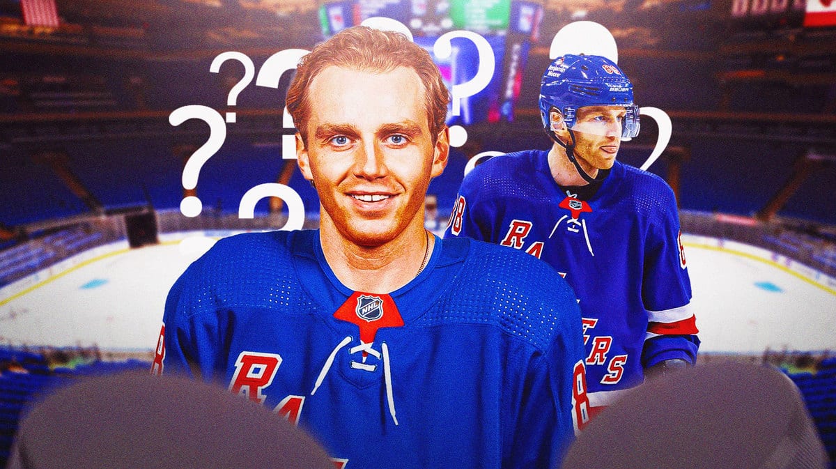 Image: Patrick Kane in middle of image looking happy, a few question marks in image, hockey rink in background