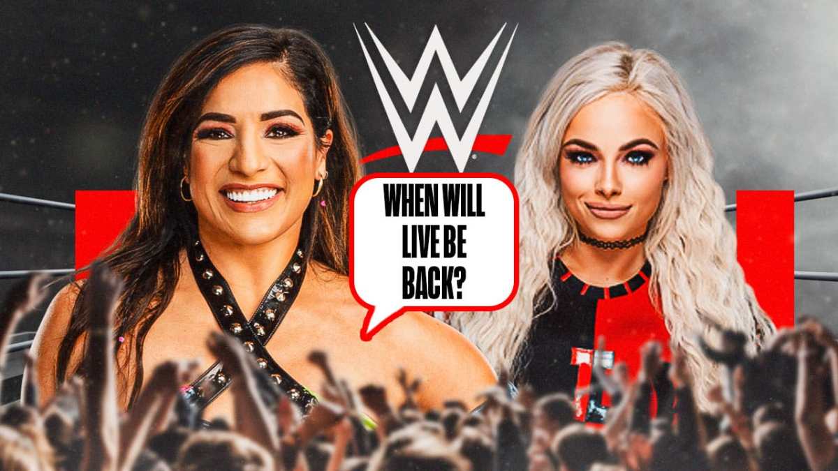 Raquel Rodriguez with a text bubble reading “When will Liv be back?” next to Liv Morgan with the RAW logo as the background.