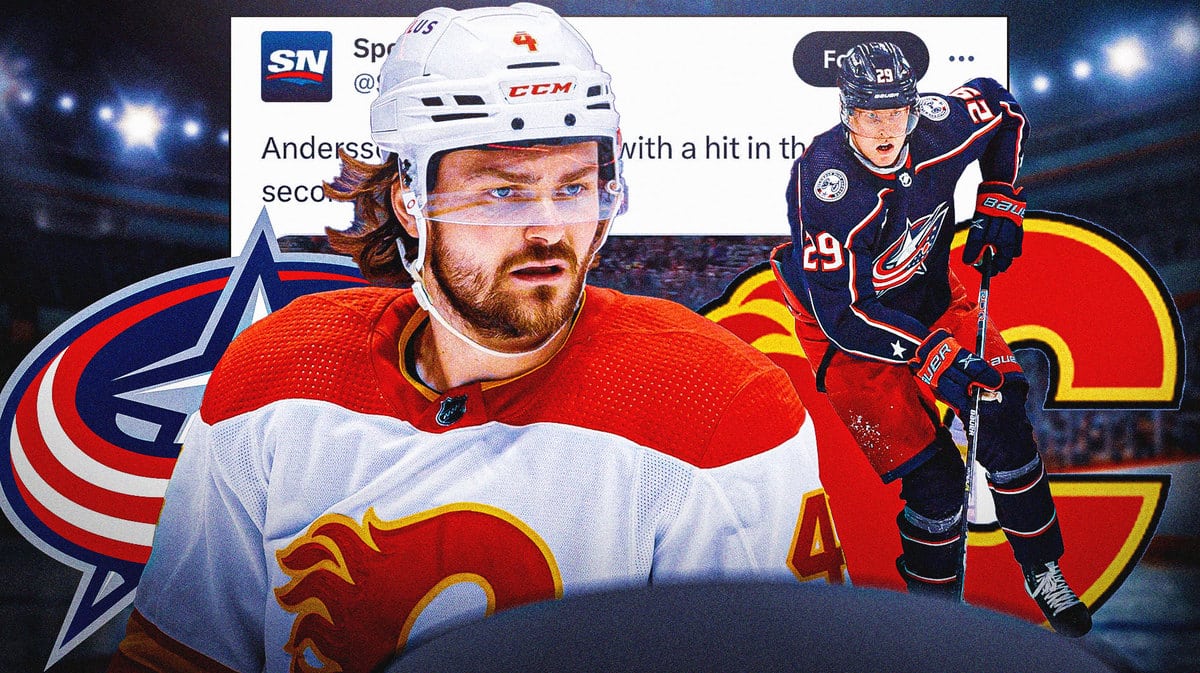 Image: Rasmus Andersson on one side of image looking stern, Patrik Laine on other side of image, a screenshot of the below tweet with Andersson hitting Laine, CGY Flames logo and Columbus Blue Jackets logo, hockey rink in background