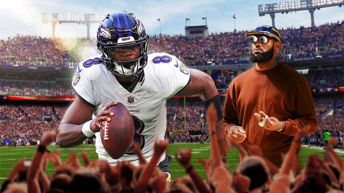 LA Lakers superstar LeBron James looking at Baltimore Ravens quarterback Lamar Jackson.