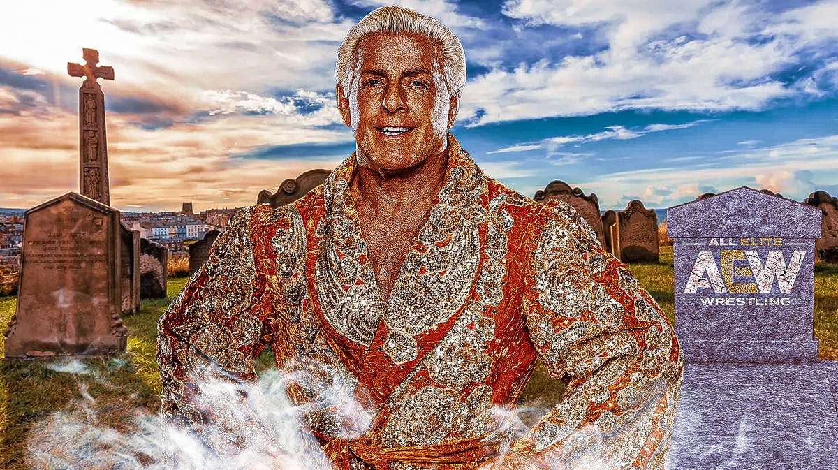 Ric Flair in a graveyard with an AEW logo on a tombstone.