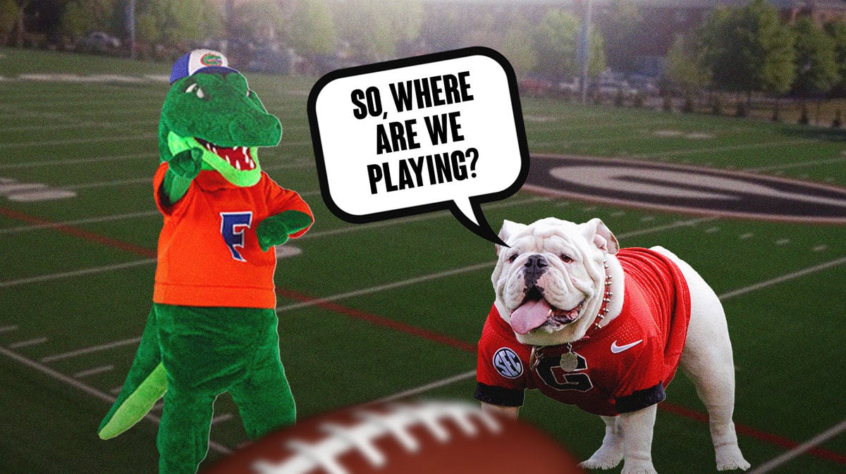 The mascots for the Georgia football team and Florida football team
