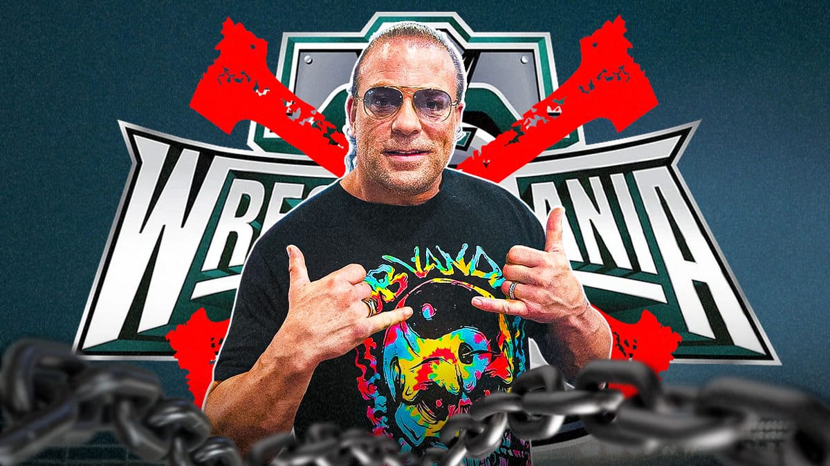 Rob Van Dam standing in front of a crossed out WrestleMania 40 logo.