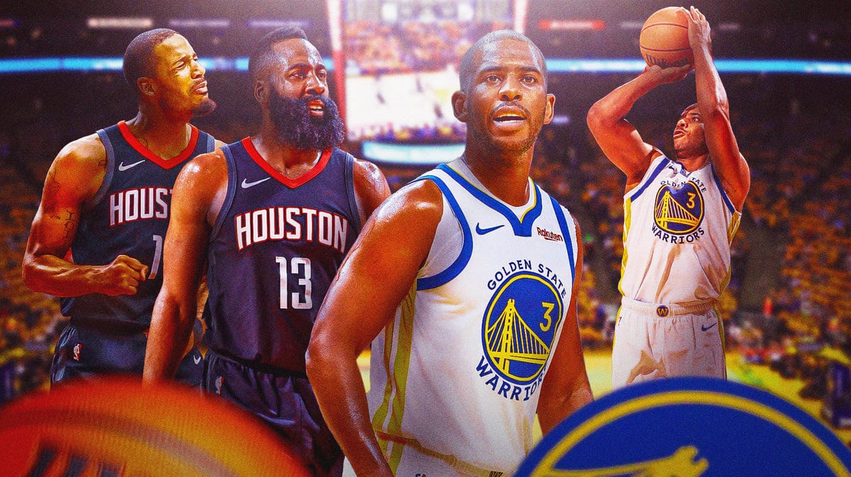 Warriors' Chris Paul in the middle, with pics of Rockets' James Harden and Trevor Ariza shooting during the 2018 western conference finals on the left and a pic of Chris Paul shooting against the Suns in 2023 on the right