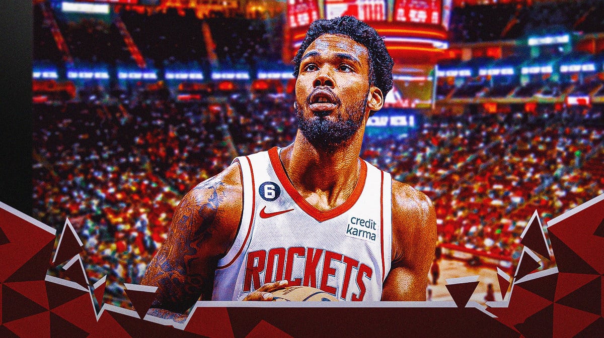 Tari Eason with the Rockets arena in the background, Tari Eason Rockets injury