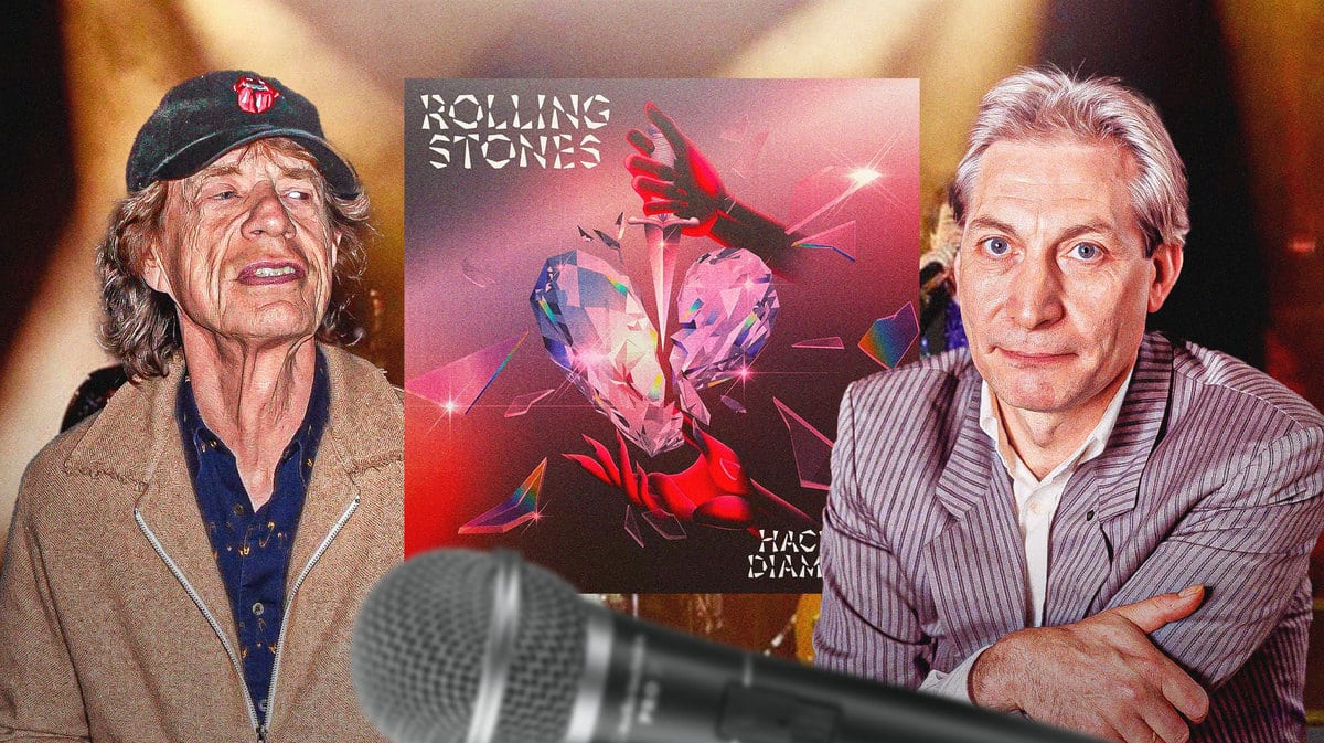 Mick Jagger and Charlie Watts in front of new album Hackney Diamonds.