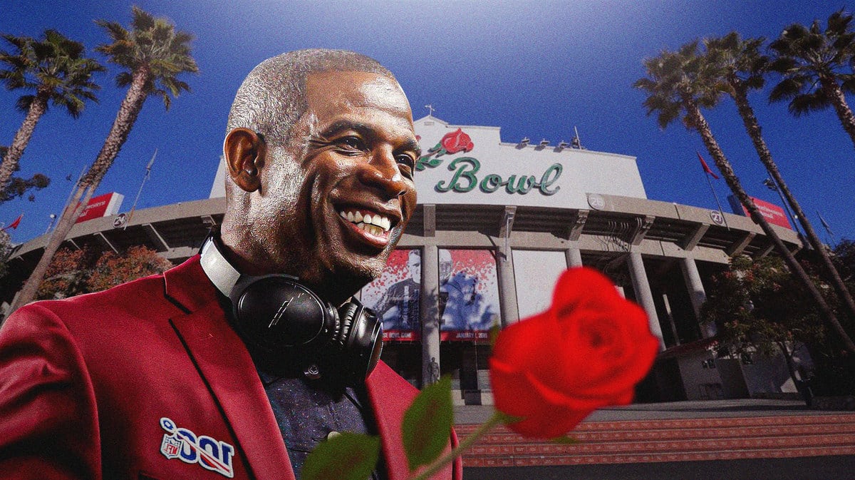 Colorado football head coach Deion Sanders in front of the Rose Bowl.