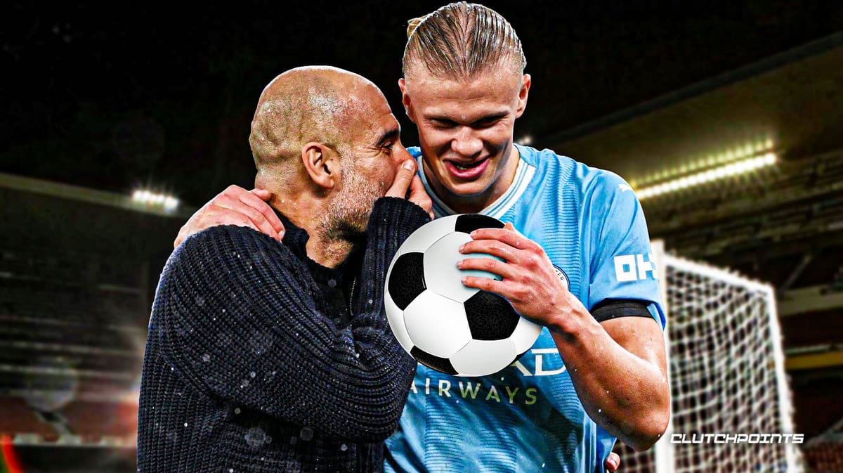 Pep Guardiola and Erling Haaland laughing together, the Manchester City logo behind them