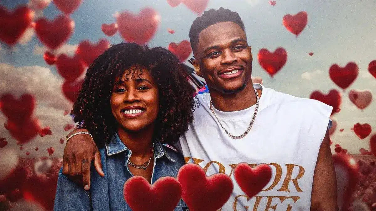 Russell Westbrook and Nina Earl surrounded by hearts.