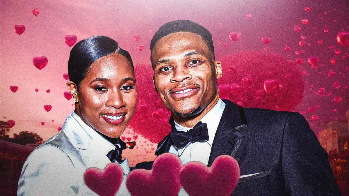Russell Westbrook and Nina Earl surrounded by hearts.
