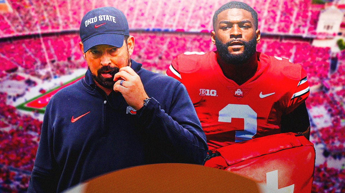 Ryan Day stands next to Miyan Williams before the Buckeyes' Big 10 football matchup against the Scarlet Knights.