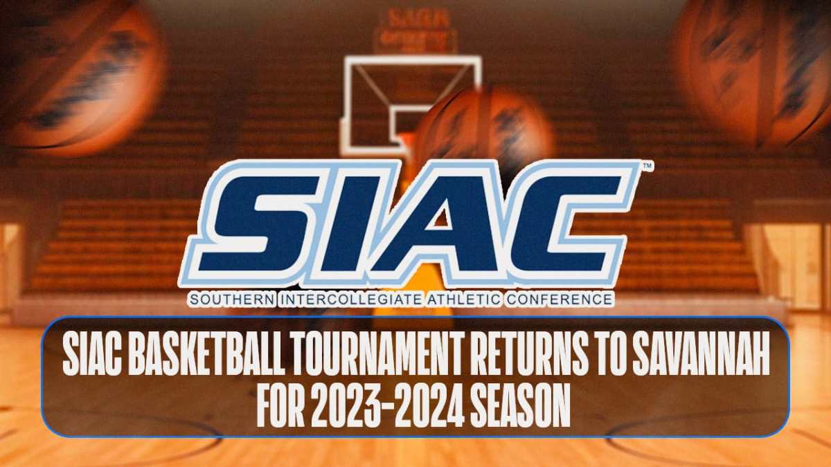 SIAAC logo, basktballs on graphic, basketball court in the background