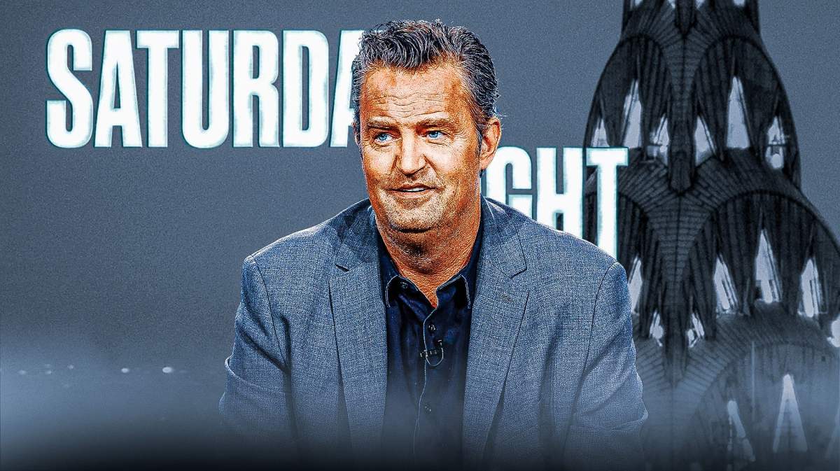 Matthew Perry with Saturday Night Live logo behind him.