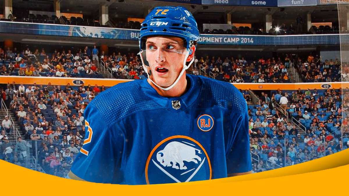 Buffalo Sabres star Tage Thompson with the KeyBank Center in the background.