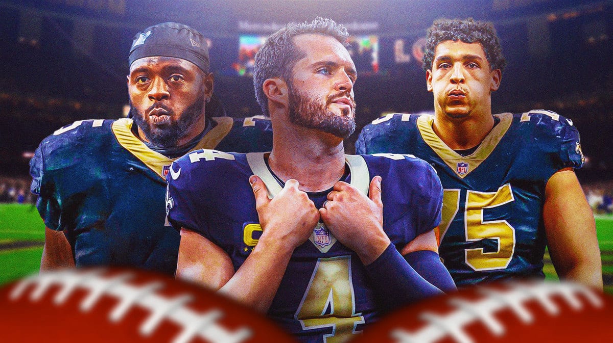 New Orleans Saints' Derek Carr, Andrus Peat, and Cam Erving in front of Caesars Superdome.