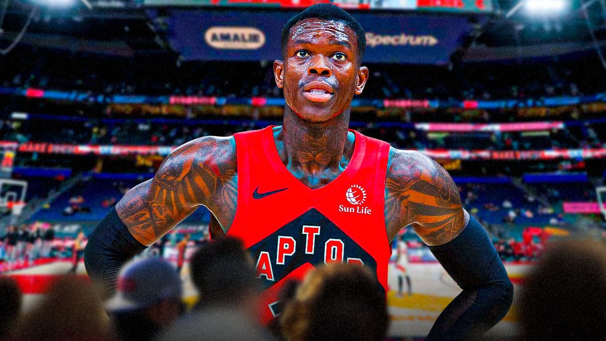 Dennis Schroder with the Raptors arena in the background