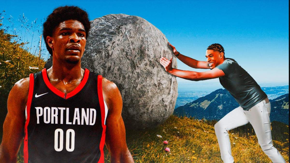 Scoot Henderson pushing a boulder, with Henderson looking at himself working hard.
