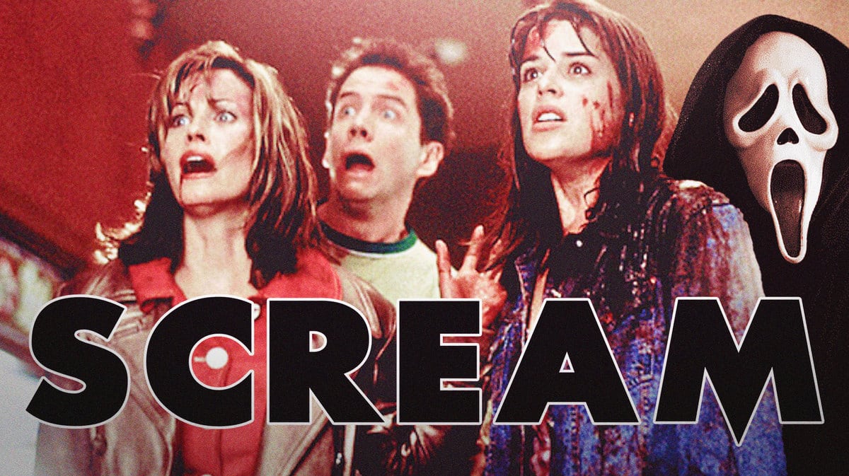 Gale Weathers (Courtney Cox), Randy Meeks (Jamie Kennedy) and Sidney Prescott (Neve Campbell) next to Ghostface and behind Scream logo.