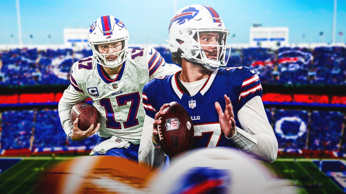 Images of Josh Allen in the foreground running the football.