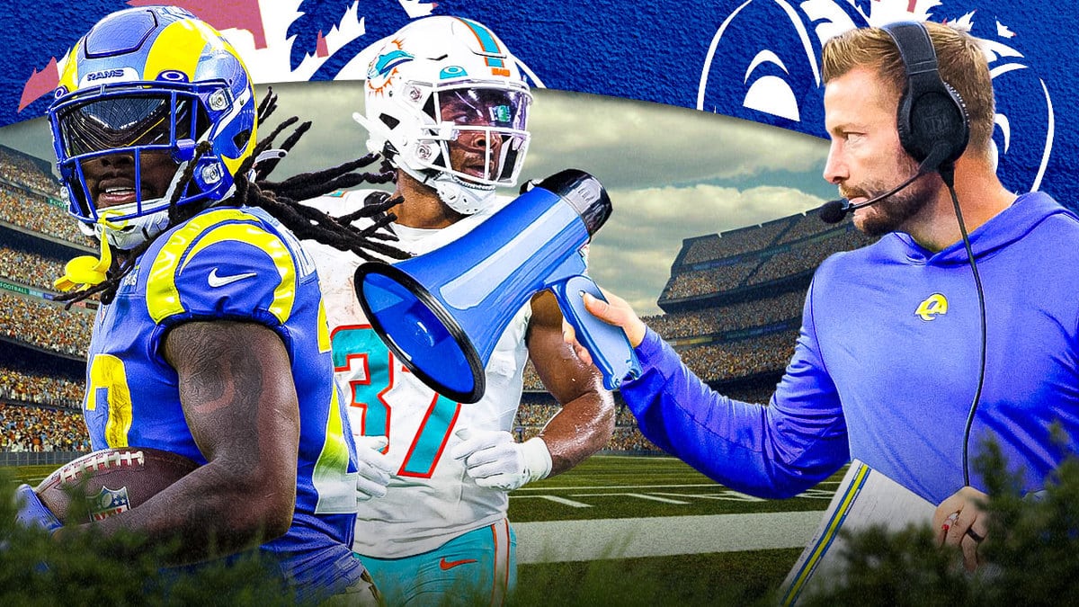 Rams Sean McVay with megaphone and Darrell Henderson, Myles Gaskin