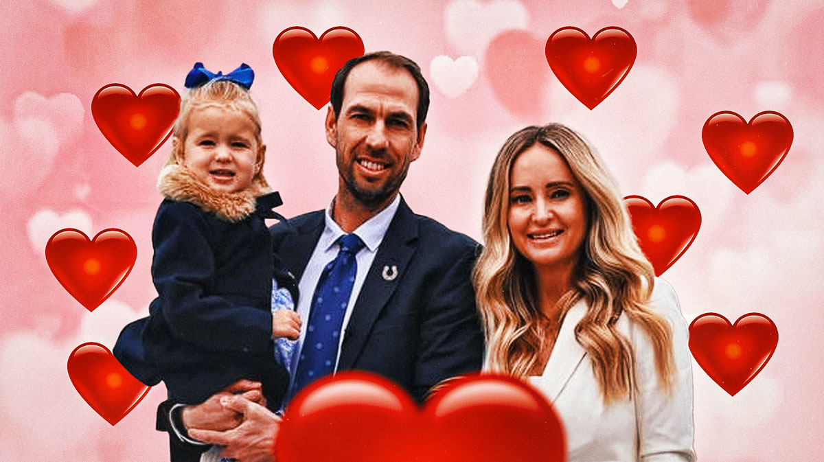 Shane Steichen and Nina Steichen surrounded by hearts.