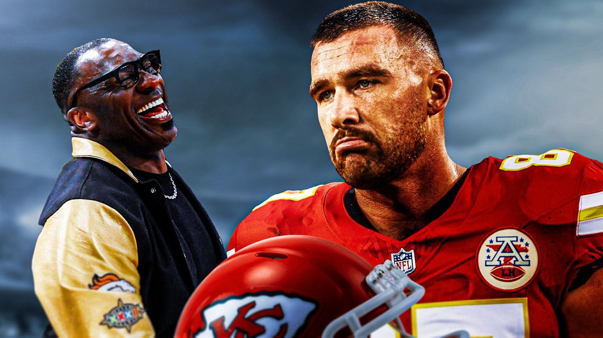 Kansas City Chiefs tight end Travis Kelce and analyst Shannon Sharpe in front of a grey sky.